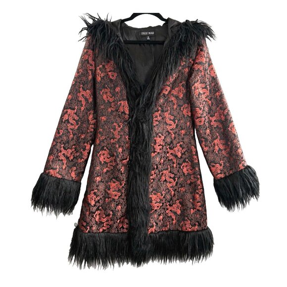 Dolls Kill CURRENT MOOD Women Coat Sz S Red Black Faux Fur Brocade Goth Dragon